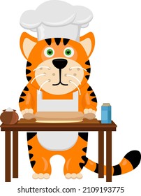 Funny tiger cook rolls out the dough. Vector illustration.