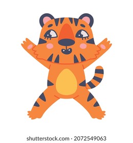 Funny Tiger Cub with Orange Fur and Stripes Standing with Raised Paw Vector Illustration