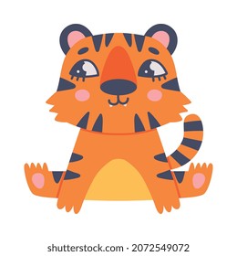 Funny Tiger Cub with Orange Fur and Stripes Sitting Vector Illustration