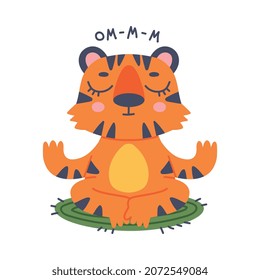 Funny Tiger Cub with Orange Fur and Stripes in Yoga Lotus Pose Meditating Vector Illustration