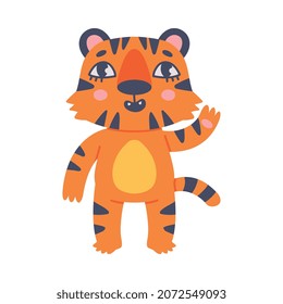 Funny Tiger Cub with Orange Fur and Stripes Waving Paw Greeting Vector Illustration