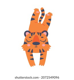 Funny Tiger Cub with Orange Fur and Stripes Lying and Sleeping Vector Illustration