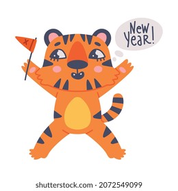 Funny Tiger Cub with Orange Fur and Stripes with Flag Celebrating New Year Holiday Vector Illustration