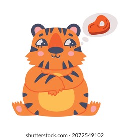 Funny Tiger Cub with Orange Fur and Stripes Having Full Belly Thinking of Meat Slab Vector Illustration