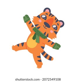 Funny Tiger Cub with Orange Fur and Stripes Wearing Scarf and Mittens Vector Illustration