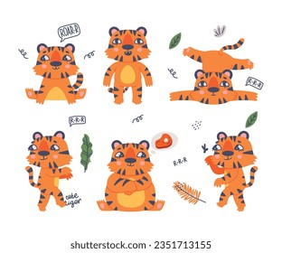 Funny Tiger Cub with Orange Fur and Stripes Vector Illustration Set