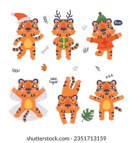 Funny Tiger Cub with Orange Fur and Stripes Vector Illustration Set