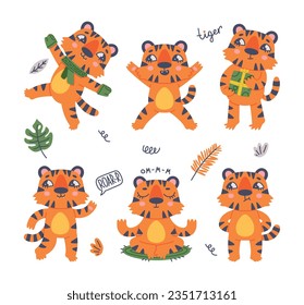 Funny Tiger Cub with Orange Fur and Stripes Vector Illustration Set