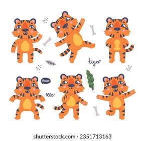 Funny Tiger Cub with Orange Fur and Stripes Vector Illustration Set