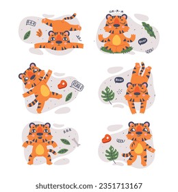 Funny Tiger Cub with Orange Fur and Stripes Vector Illustration Set