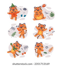 Funny Tiger Cub with Orange Fur and Stripes Vector Illustration Set