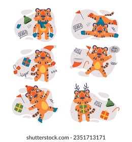 Funny Tiger Cub with Orange Fur and Stripes Vector Illustration Set