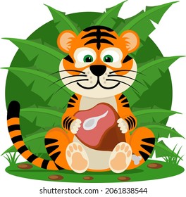 Funny tiger cub with a piece of meat. Vector illustration.