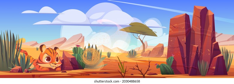 Funny tiger cub playing with tumbleweed in African desert natural landscape. Wild baby predator lifestyle in hot dry deserted nature of Africa with cacti and rocks under blue sky, cartoon illustration