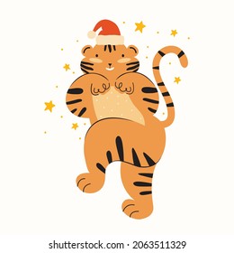 Funny tiger dancing in Santa hat. New Year and Christmas animal character. Happy baby tiger in vector. Symbol of the Chinese New Year. Hand-drawn festive character for print design, poster, postcard