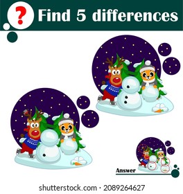 Funny tiger and deer in forest are sculpting a snowman. Find 5 differences. Game for children