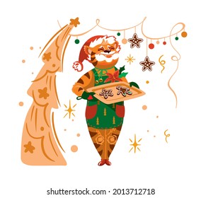 Funny tiger dressed as Santa Claus prepares christmas cookies, gingerbread, gingerbread man, Christmas postcard, invitation, vector