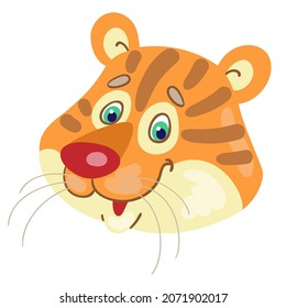 Funny tiger face. In cartoon style. Isolated on white background. Vector flat illustration.