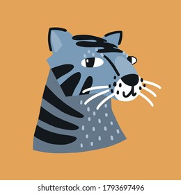 Funny tiger face illustration. Childish print for poster, cards, t-shirt, apparel and nursery decoration. 