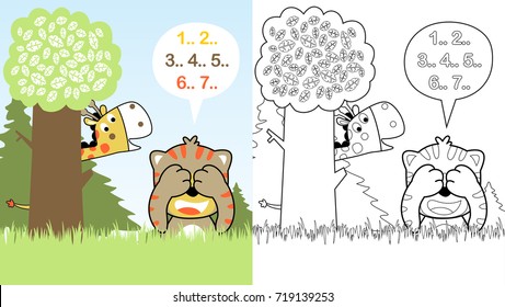 Funny tiger with giraffe playing hide and seek, vector cartoon, coloring page or book