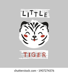 Funny Tiger Head for Tee Print Design for Kids. Cute White Tiger Face. Vector Cartoon Little Baby Animal. Scandinavian Card, Print or Poster Design