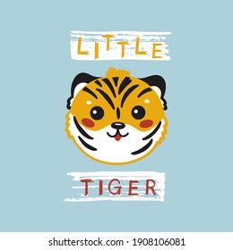Funny Tiger Head for Tee Print Design for Kids. Cute Tiger Face. Vector Cartoon Little Baby Animal. Scandinavian Card, Print or Poster Design