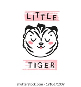 Funny Tiger Head for Tee Print Design for Kids. Doodle Cute Tiger Face. Vector Cartoon Little Baby Animal. Scandinavian Card, Print or Poster Design