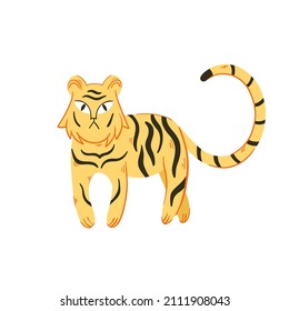 Graciosa ilustración de tigre sobre fondo blanco. Ilustración de vector de animales para diseño de impresión