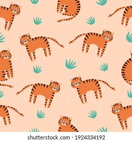 Funny tiger and jungle. Cute African tiger. Animal seamless pattern.