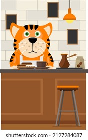 Funny tiger makes coffee. Vector illustration.