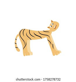 Funny tiger on a white background isolated. Children's cartoon vector illustration drawn by hand. Zoo and predatory animals. The tiger print for children's books, comic books, coloring books. 