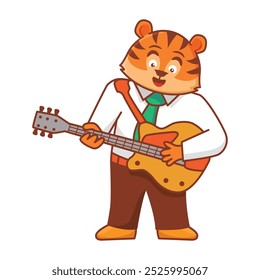 Funny tiger playing guitar.Cute rockstar tiger.Animal cartoon characters.Vector illustration.Kids wear fashion design.