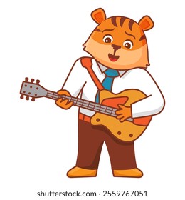 Funny tiger playing guitar.Cute rockstar .Animal cartoon characters.Vector illustration. The musician plays the guitar.Musician with guitar.