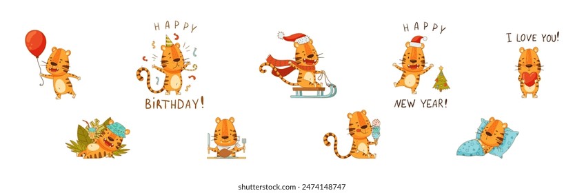 Funny Tiger Predator Jungle Animal with Striped Coat Engaged in Different Activity Vector Set