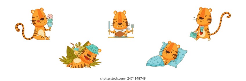 Funny Tiger Predator Jungle Animal with Striped Coat Engaged in Different Activity Vector Set