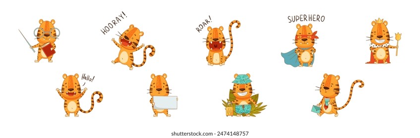 Funny Tiger Predator Jungle Animal with Striped Coat Engaged in Different Activity Vector Set