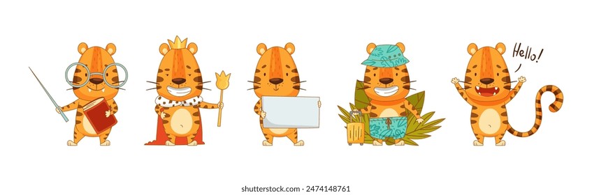 Funny Tiger Predator Jungle Animal with Striped Coat Engaged in Different Activity Vector Set