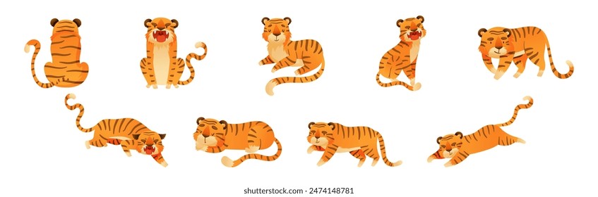 Funny Tiger Predator Jungle Animal with Striped Coat Vector Set