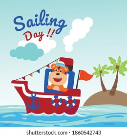 Funny tiger sailor cartoon vector on little boat with cartoon style. Creative vector childish background for fabric, textile, nursery wallpaper, poster, card, brochure. and other decoration.
