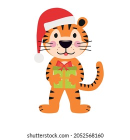 Funny tiger in a Santa Claus hat with a gift in his hands