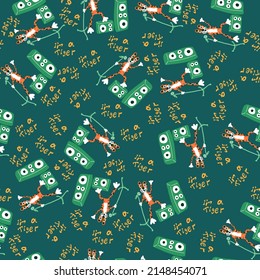 Funny tiger sings I am a tiger, holding a microphone in his hand and putting one foot on the speaker system. The seamless pattern. For children's textiles, wrapping paper, wallpaper or your design.