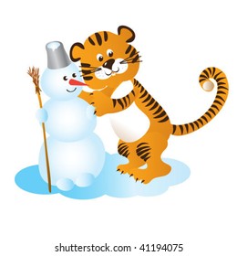 Funny tiger and snowman. Symbol of 2010