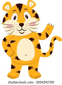 Funny tiger is the symbol of 2022. Flat vector illustration on an isolated background. Vector illustration of a cartoon tiger. New Year, Christmas, holidays, advertising hero.