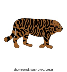 Divertido tigre. Personaje vectorial al estilo de las caricaturas. Mano dibujada al estilo doodle. Aislado. Páginas de coloración para niños y adultos. Se puede utilizar en sus proyectos en banners, carteles y postales