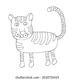 Funny tiger. Vector character in cartoon style. Hand drawn in doodle style. Isolated. Coloring pages for children and adults. Can be used in your projects in banners and posters and postcards