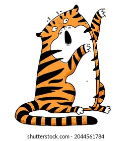 Funny Tiger vector illustration 2022 symbol. Hand drawn wild cat for t-shirts design, bags,  posters, prints, cards New year of tiger 
