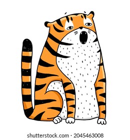 Funny Tiger vector illustration 2022 symbol. Hand drawn wild cat for t-shirts design, bags,  posters, prints, cards New year of tiger 