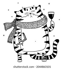 Funny Tiger vector illustration. Hand drawn wild cat for t-shirts design, bags,  posters, prints, cards New year of tiger 2022 symbol