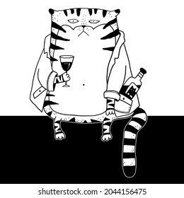 Funny Tiger with wine vector illustration. Hand drawn wild cat for t-shirts design, bags,  posters, prints, cards New year of tiger 2022 symbol