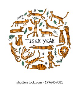 Funny Tigers Family, animal characters. Symbol of 2022 New Year. Design Template for Christmas card, banner, poster, holiday decoration